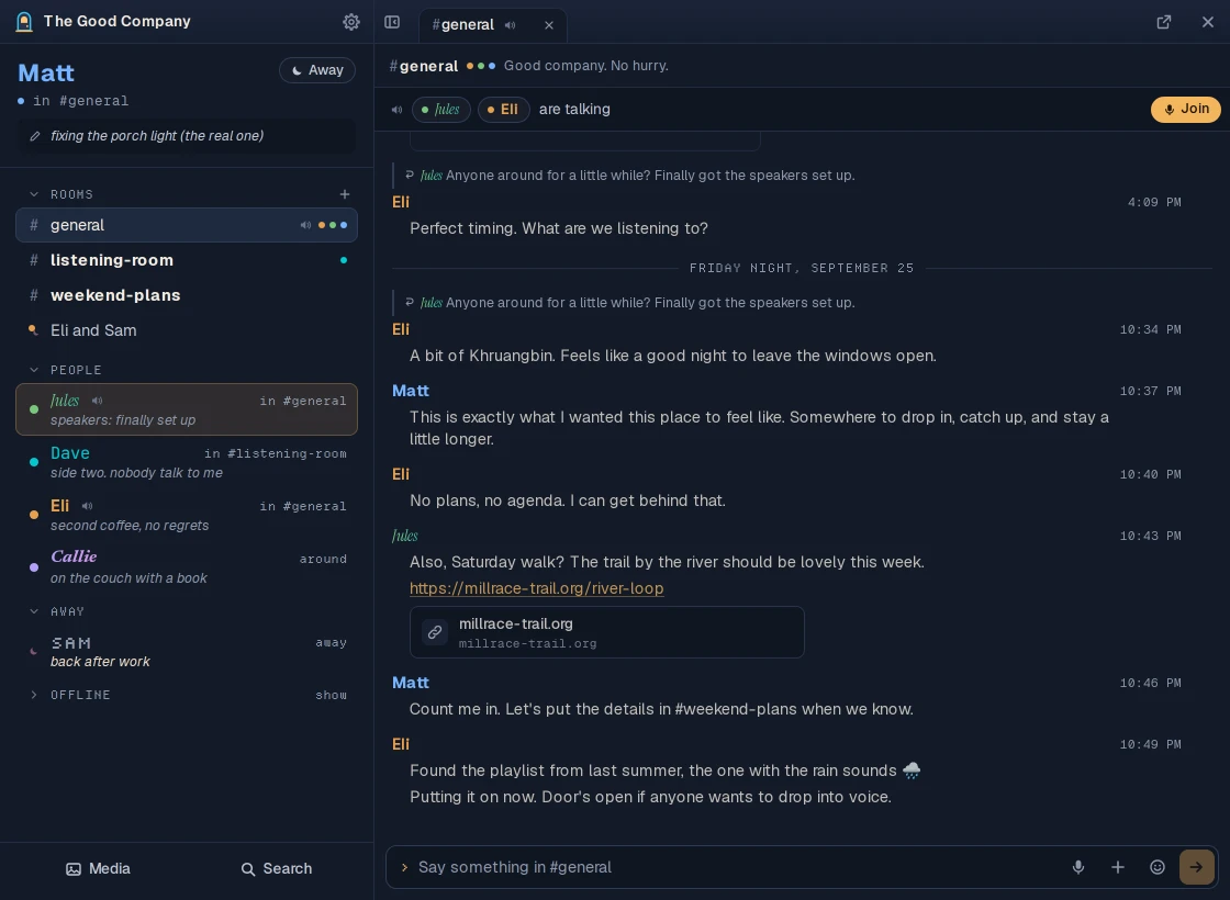 The buddy list with the #general room open beside it: a conversation between friends, and two of them talking in the room's voice.