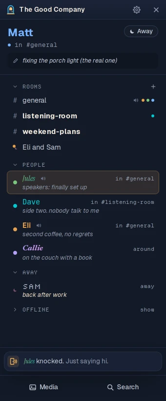 The buddy list with a card at the bottom saying Jules knocked.