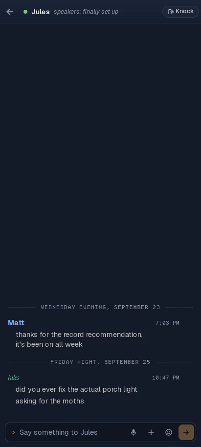 A friend opened on the phone: their status, then your messages.