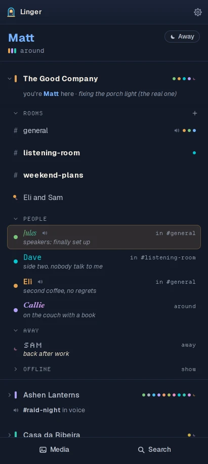 The phone app's list: three servers, their rooms and people.